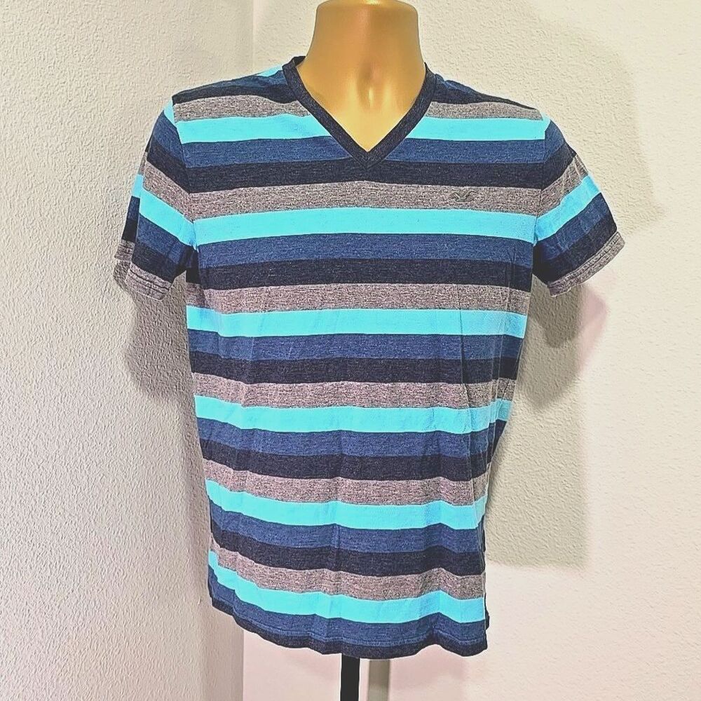 Y2K Hollister Stripe V Neck Shirt Mens Size Small Blue Gray Logo School Pullover